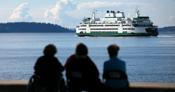 A ferry heads from Mukilteo towards Clinton during the evening commute Thursday. (Ryan Berry / The Herald)