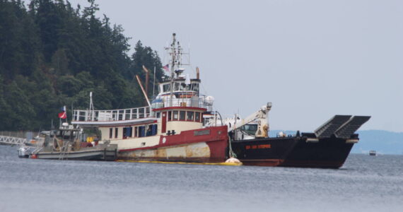 The sinking "Shark Lady" is sandwiched between a "Hazmat Rescue" vessel on the left, and the "San Juan Enterprise," on the right, which is certified by the US coast guard to legally  haul flammable liquids, according to its website.